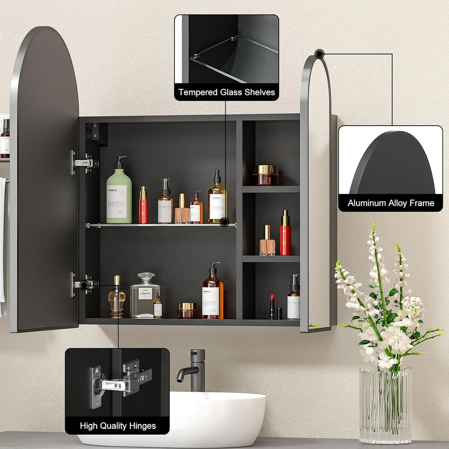 Black Arched Medicine Cabinet with Mirror,Black Medicine Cabinet with 2 Doors,Bathroom Medicine Cabinets Mirror Wall Mounted,24x28Inch
