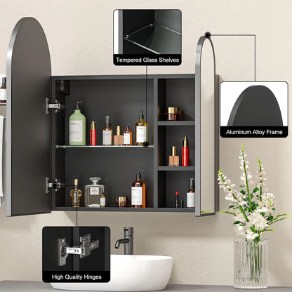 Black Arched Medicine Cabinet with Mirror,Black Medicine Cabinet with 2 Doors,Bathroom Medicine Cabinets Mirror Wall Mounted,24x28Inch