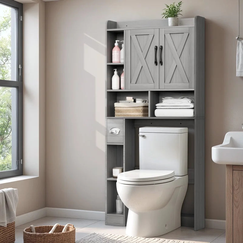 Furmax Farmhouse Style Over The Toilet Storage Cabinet with Barn Doors, Space Saver with Toilet Paper Holder for Bathroom and Restroom, White
