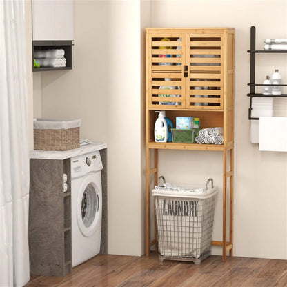 Finihen Bamboo Over The Toilet Storage Cabinet, Tall Bathroom Cabinet Organizer with Cupboard and Adjustable Shelves for Laundry Room, Balcony, Natural