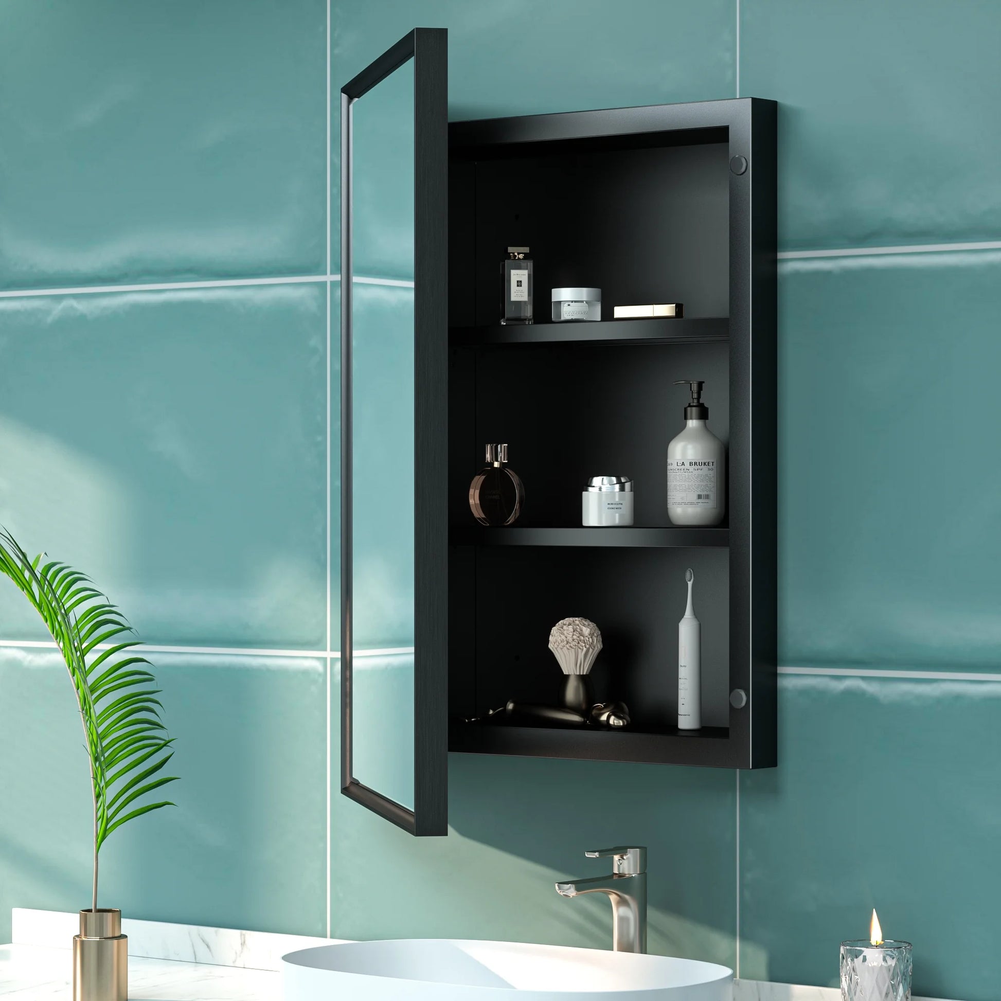 Keonjinn Bathroom Metal Framed Medicine Cabinets with Mirror, 16 x 24 inch Black Wall Cabinets, Rectangle Recessed/Wall Mounted Storage Cabinets