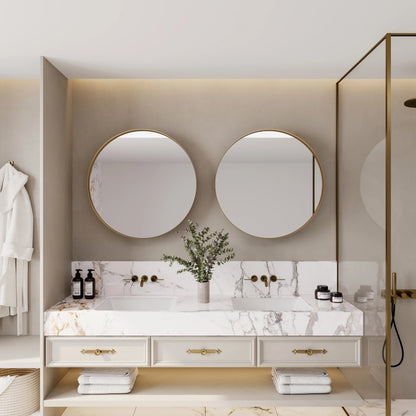 31.5 Inch Surface Mount Round Metal Framed Medicine Cabinet with Mirror and Adjustable Shelves Black Wall Mirror with Storage for Bathroom, Matte Gold