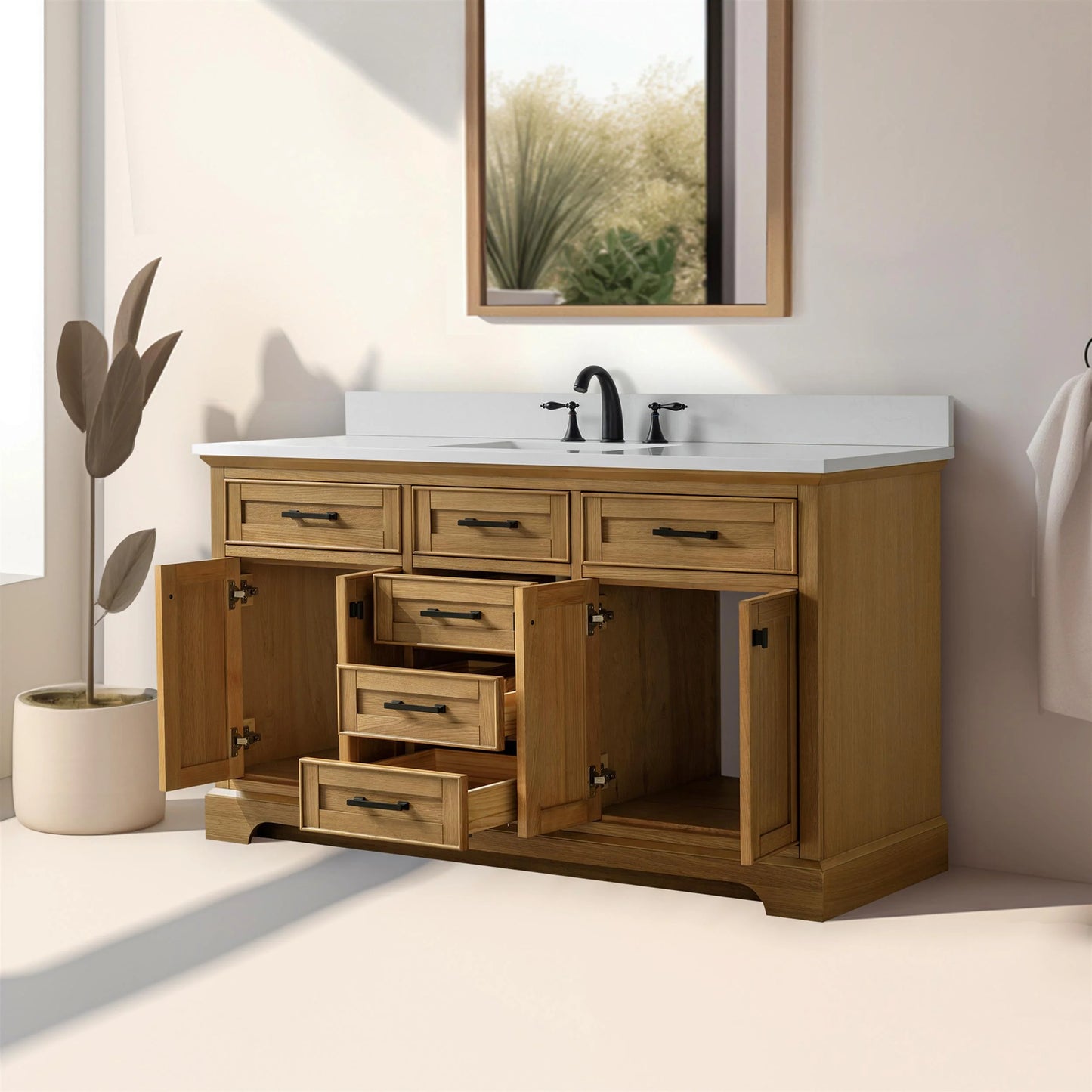 Design Element Milano 60" Single Sink Oak Bath Vanity with White Quartz Top