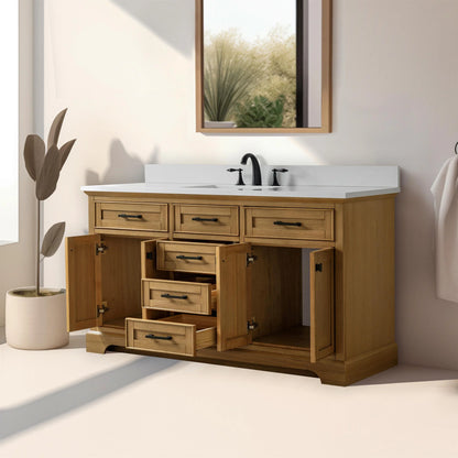 Design Element Milano 60" Single Sink Oak Bath Vanity with White Quartz Top