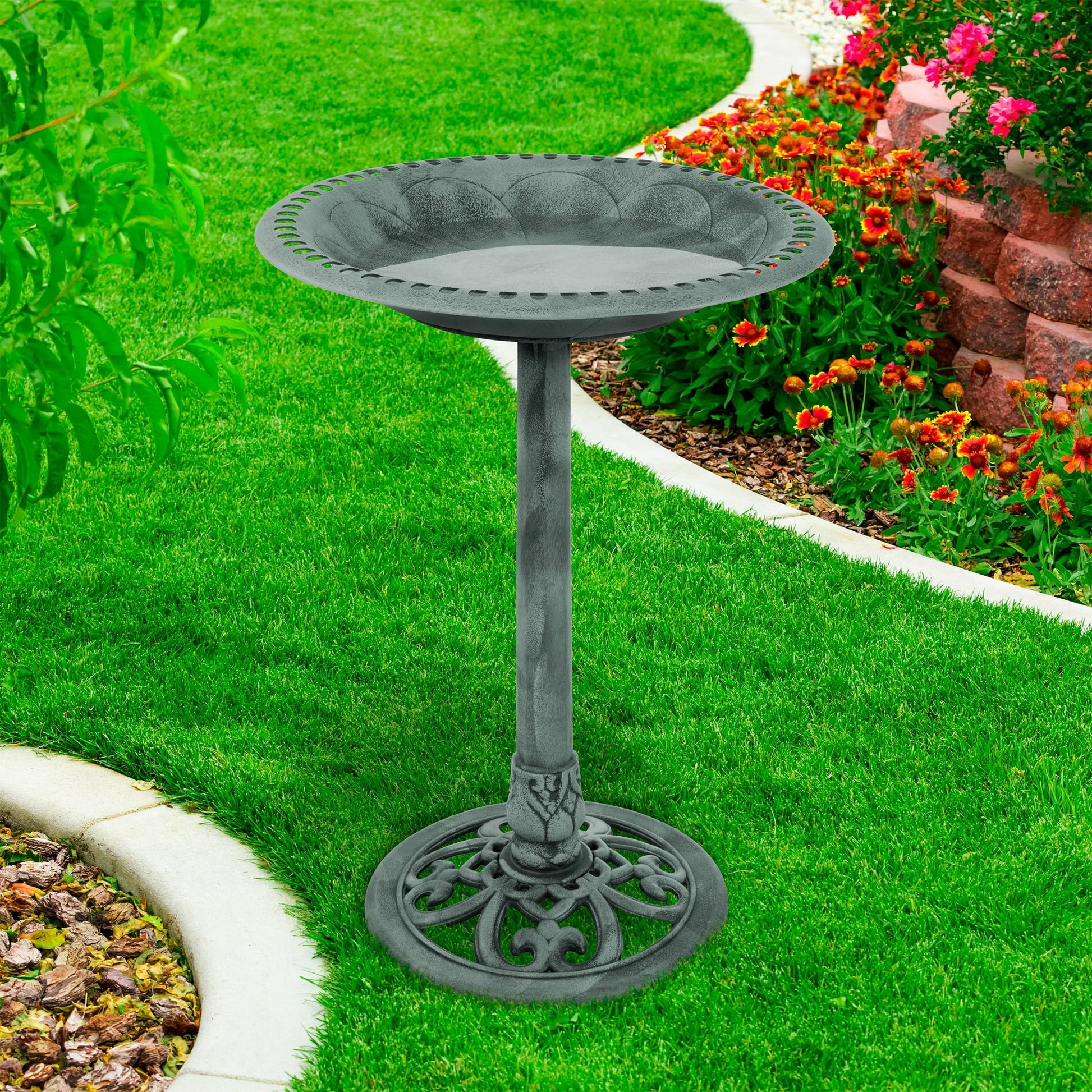 Antique Bird Bath- Weather Resistant Resin Birdbath with Vintage Scroll Design, 3 Ground Stakes for Garden,Outdoor Decor by Pure Garden (Patina Green)