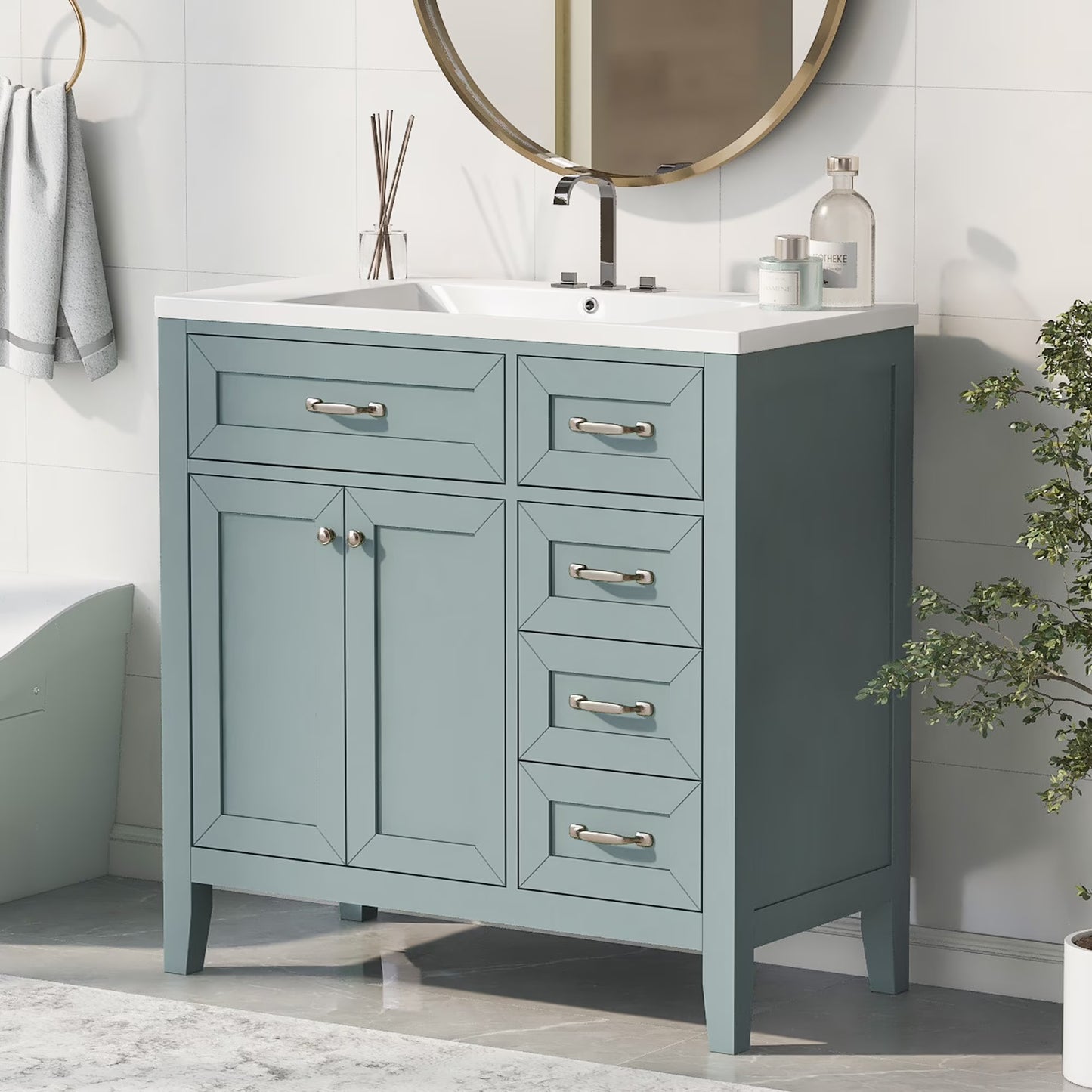 36" Bathroom Vanity with Sink Combo, Blue Bathroom Cabinet with Drawers, Solid Frame and MDF Board