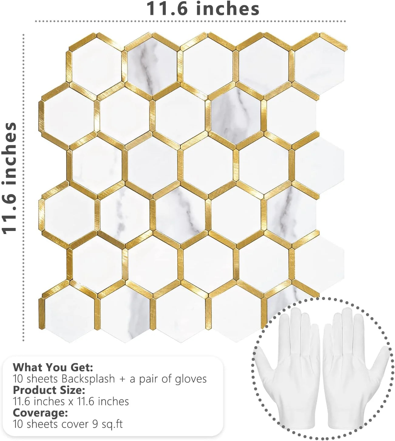 Hexagon Peel and Stick on Backsplash for Kitchen and Bathroom, White Marble Look PVC Mixed Metal Gold Self Adhesive Metal Mosaic Tiles(10 Sheets, Seamless)