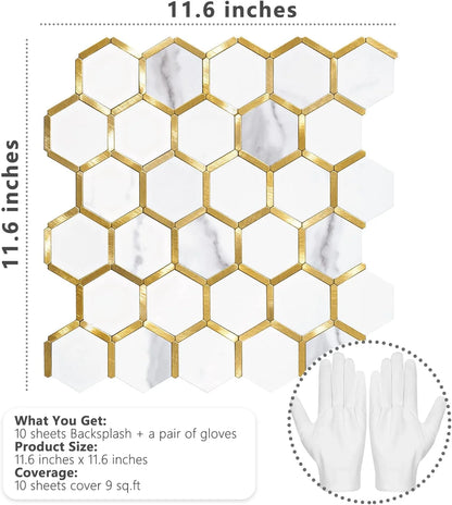 Hexagon Peel and Stick on Backsplash for Kitchen and Bathroom, White Marble Look PVC Mixed Metal Gold Self Adhesive Metal Mosaic Tiles(10 Sheets, Seamless)