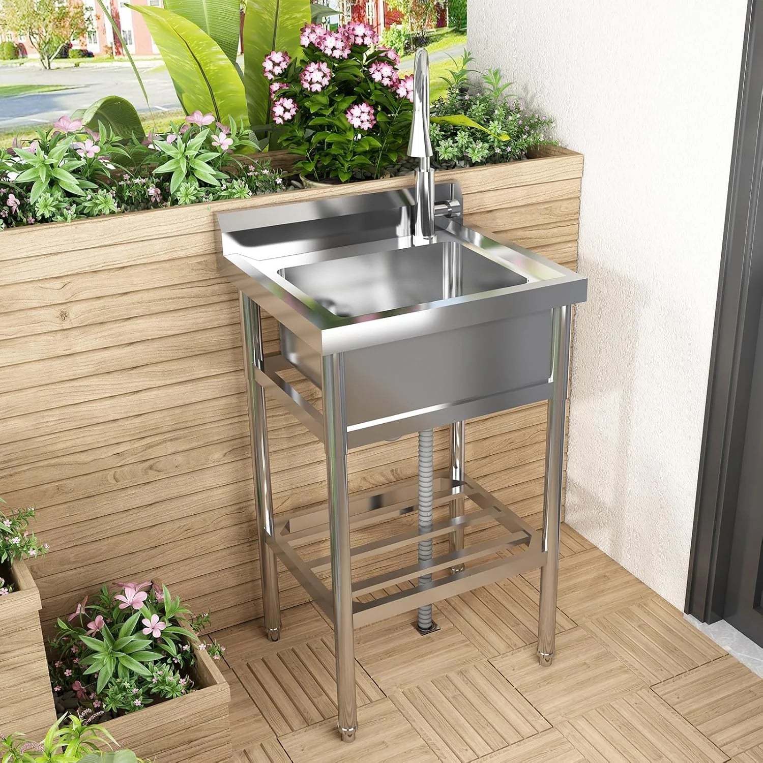 TROPOW 24x20x42 Inch Stainless Steel Utility Sink, Freestanding Single Bowl with Cold and Hot Water Pipe and Faucet, Commercial Sink Kitchen Sink for Restaurant Laundry Room Bathroom Garage Garden