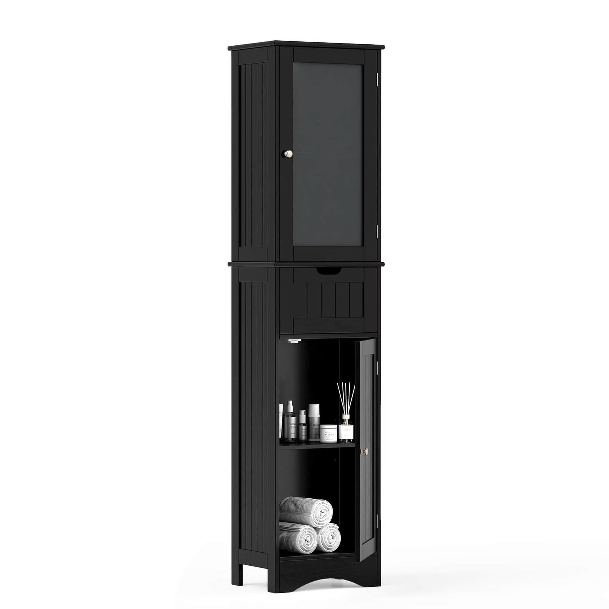 Costway Tall Bathroom Cabinet with Adjustable Shelves Deep Drawer for Living Room Black
