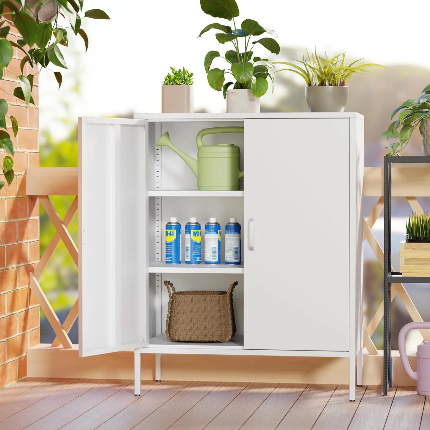 White Metal Cabinet with Doors and Shelves,Metal Locker Storage Cabinet with Leg,3-Tier Office Cabinet,Metal Shelf Cabinet for Home Office,Bathroom,Coffee Bar,Balcony