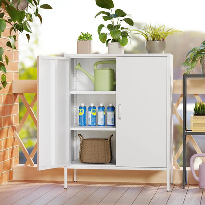 White Metal Cabinet with Doors and Shelves,Metal Locker Storage Cabinet with Leg,3-Tier Office Cabinet,Metal Shelf Cabinet for Home Office,Bathroom,Coffee Bar,Balcony