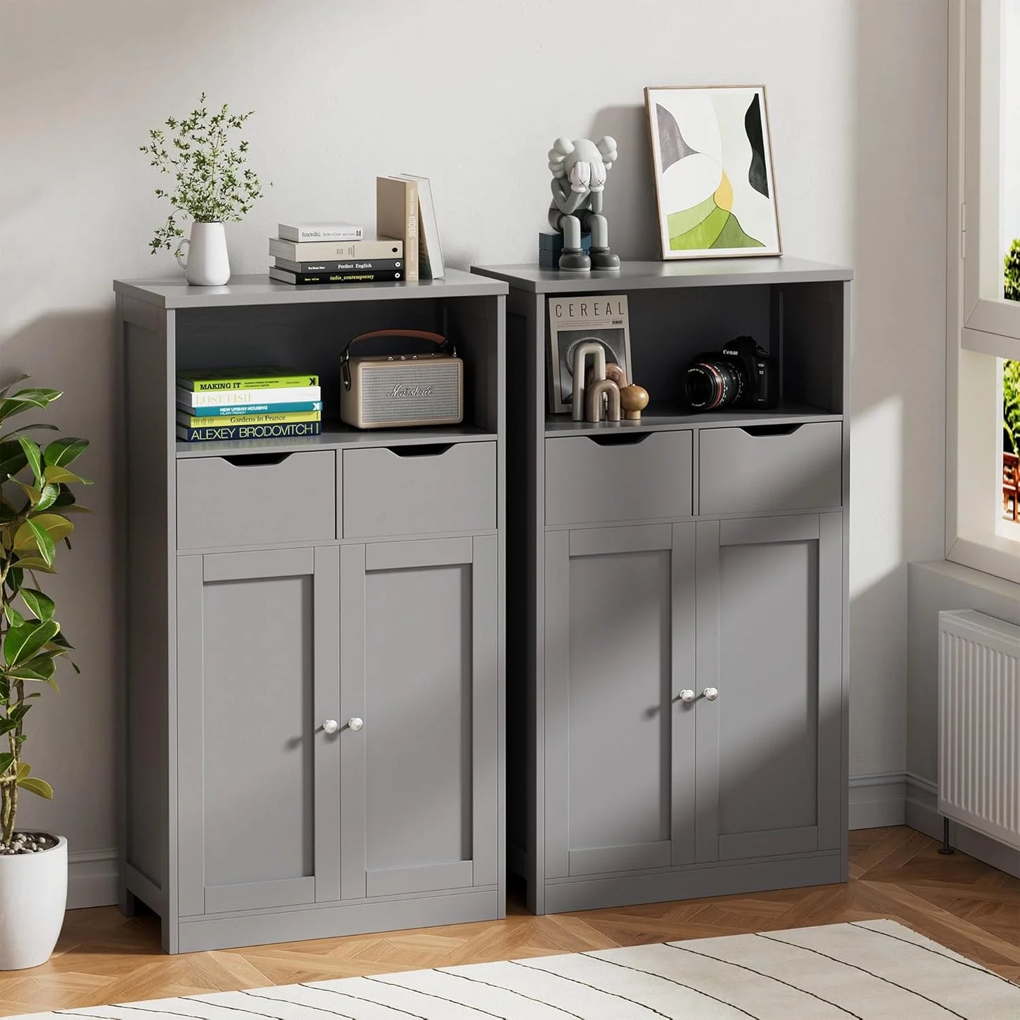 Vongrasig Farmhouse Freestanding Pantry Cabinet with 2 Drawers and Shelves, Wooden Storage Organizer for Bathroom, Living Room, Grey