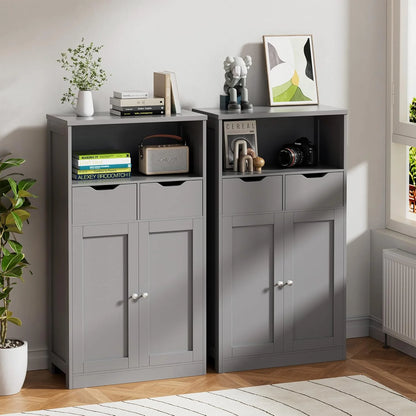 Vongrasig Farmhouse Freestanding Pantry Cabinet with 2 Drawers and Shelves, Wooden Storage Organizer for Bathroom, Living Room, Grey