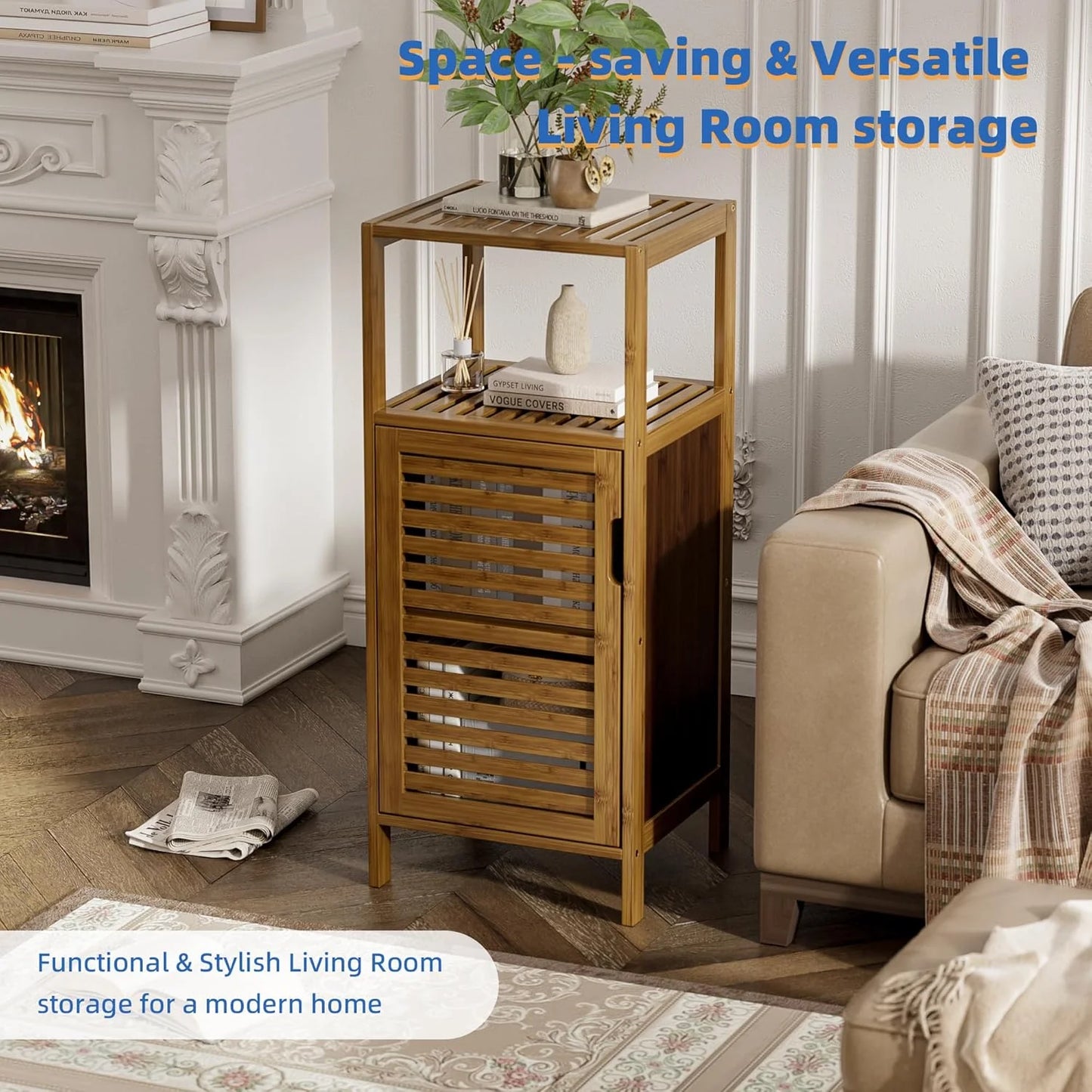 Bathroom Cabinet, Bamboo Floor Cabinet Free Standing, 4 Tier Sofa Side Storage Cupboard for Living Room Kitchen Bedroom