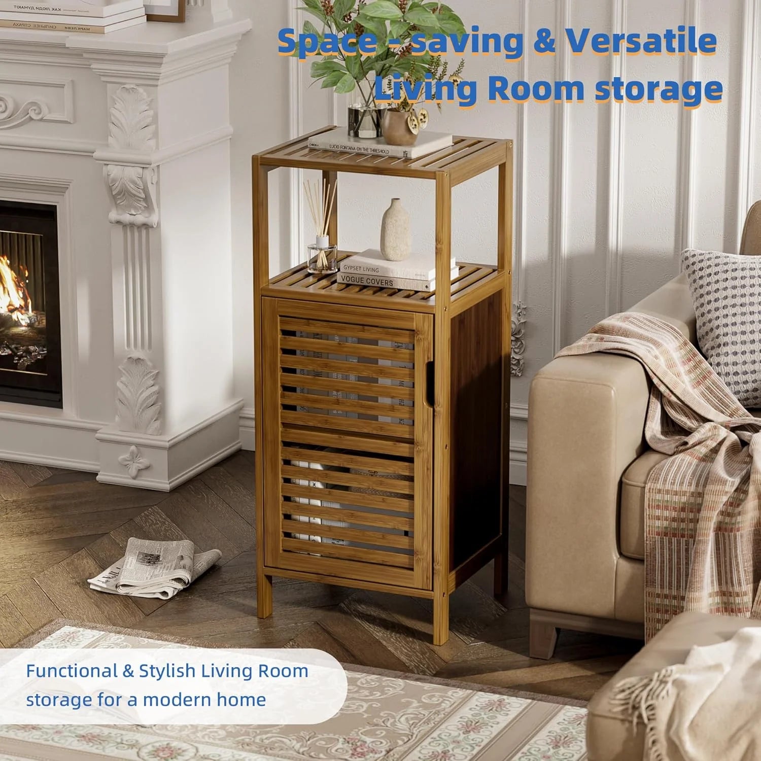 Bathroom Cabinet, Bamboo Floor Cabinet Free Standing, 4 Tier Sofa Side Storage Cupboard for Living Room Kitchen Bedroom