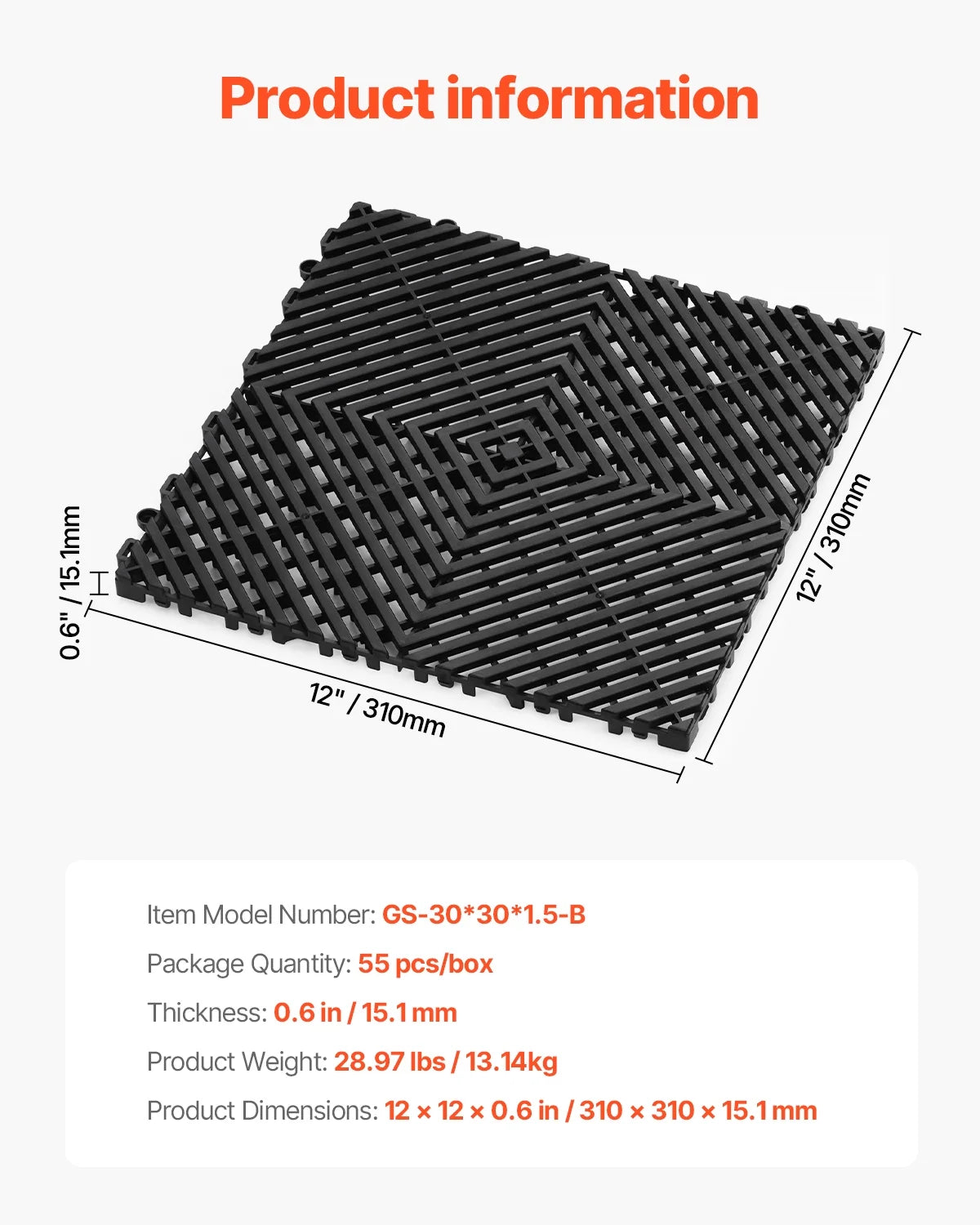 KFFKFF Drainage Floor Mat Set, 12�� x 12�� Modular Interlocking Padding, Set of 55 Connectable Drainage Mats, Slip-Resistant Black PP Drainage Floor and Bath Mat, Suitable for Garage, Garden