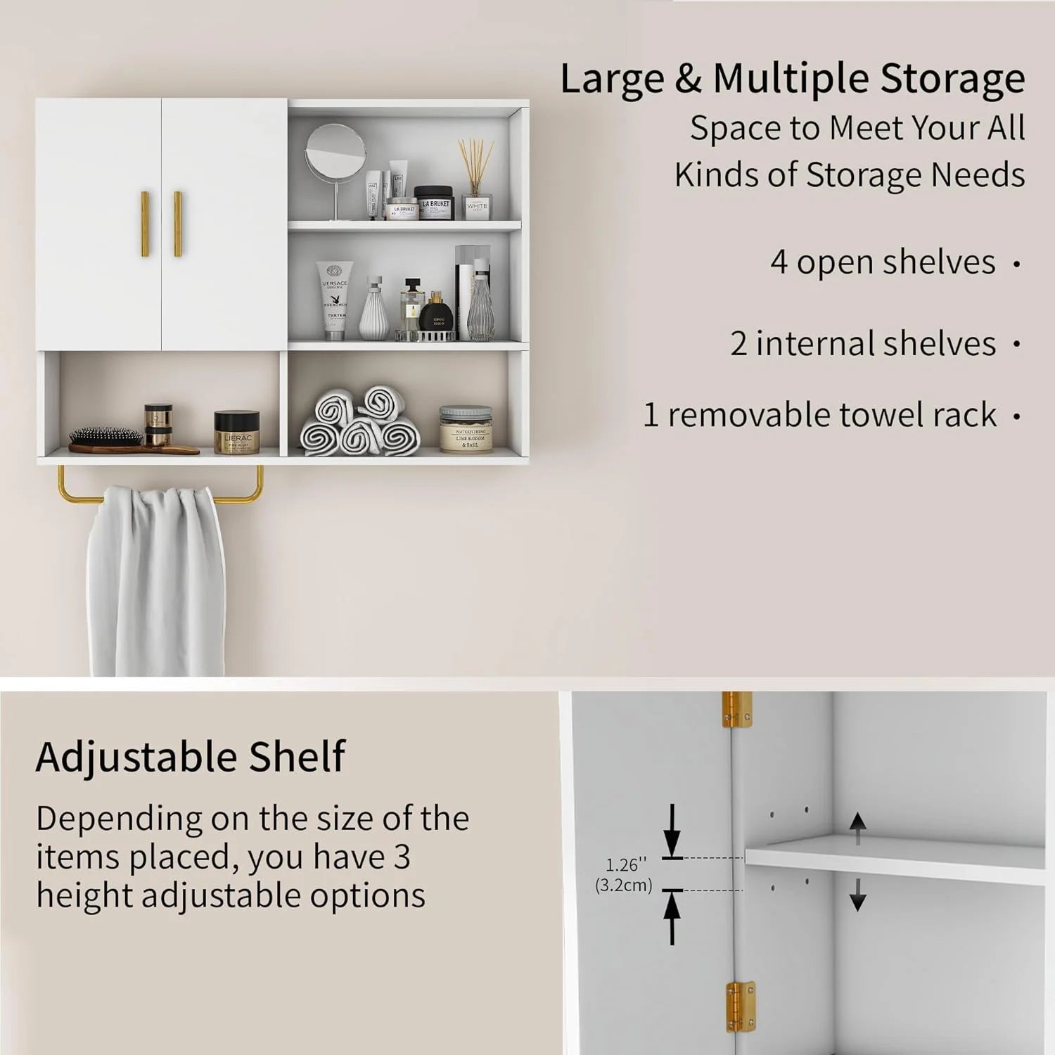 Bathroom Wall Cabinet Solid Wood Large Wall Mounted Medicine Cabinet with 2 Doors and 4 Open Shelves Over Toilet Storage Cabinet with Towel Bar (White)