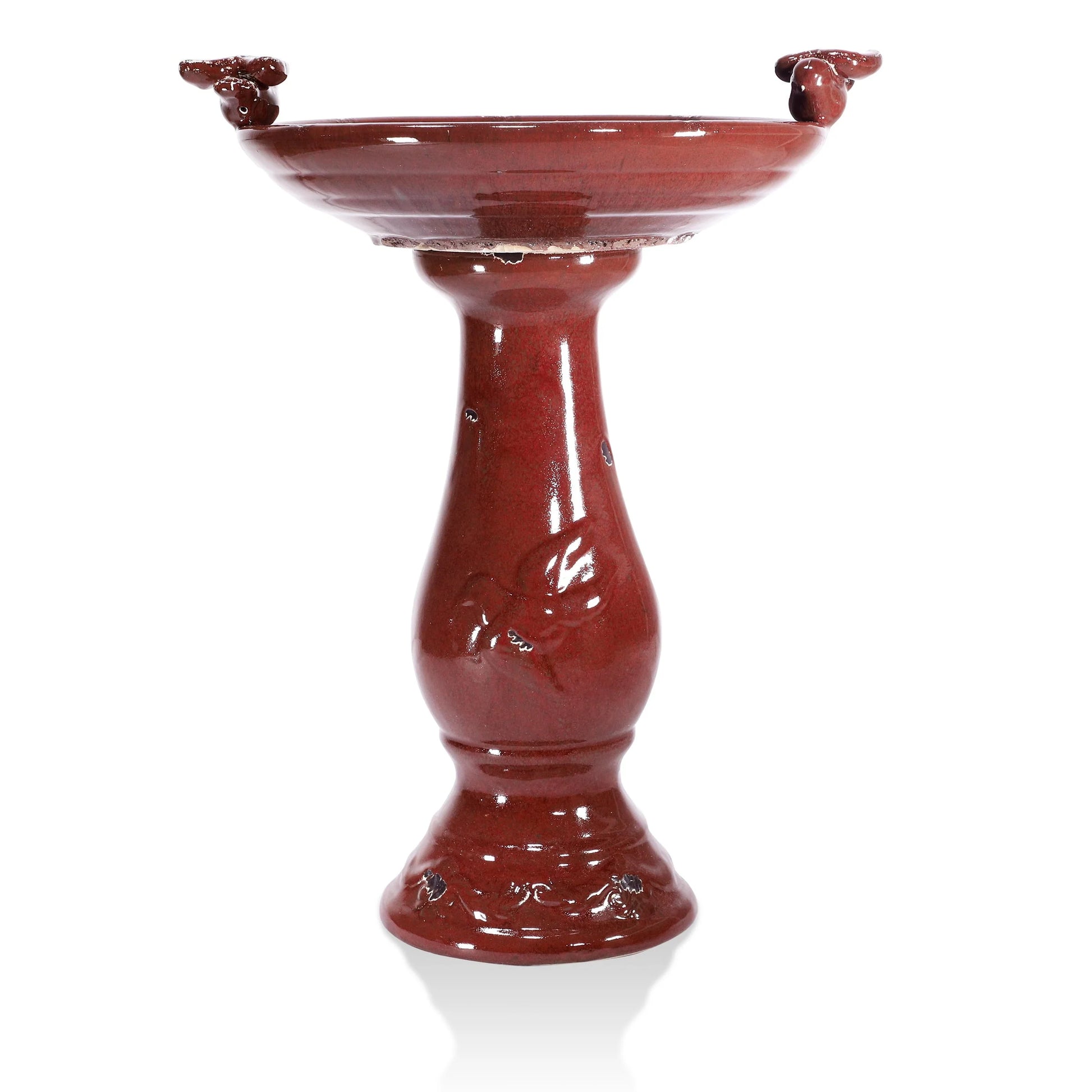 Alpine Corporation Ceramic Pedestal Birdbath with 2 Bird Figurines, Deep Red