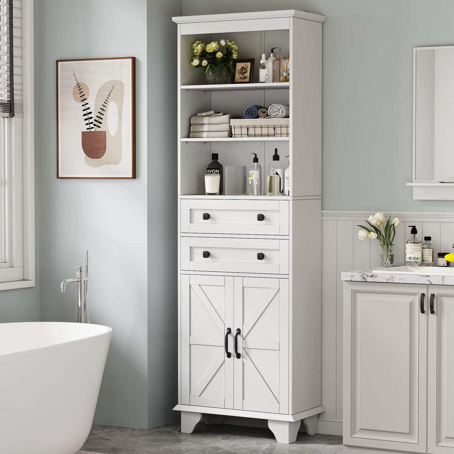 IDEALSOUL Tall Storage Cabinet, 72" Farmhouse Bathroom Storage with 2 Drawers, Adjustable Shelves & Barn Door, Cabinet for Bathroom, Living Room, Kitchen, off-White