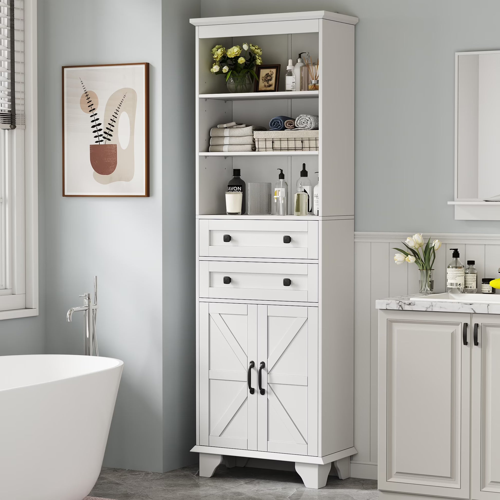 IDEALSOUL Tall Storage Cabinet, 72" Farmhouse Bathroom Storage with 2 Drawers, Adjustable Shelves & Barn Door, Cabinet for Bathroom, Living Room, Kitchen, off-White