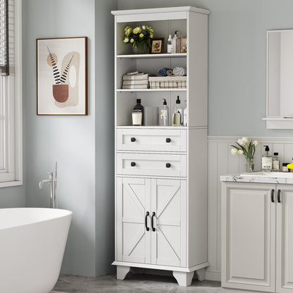 IDEALSOUL Tall Storage Cabinet, 72" Farmhouse Bathroom Storage with 2 Drawers, Adjustable Shelves & Barn Door, Cabinet for Bathroom, Living Room, Kitchen, off-White