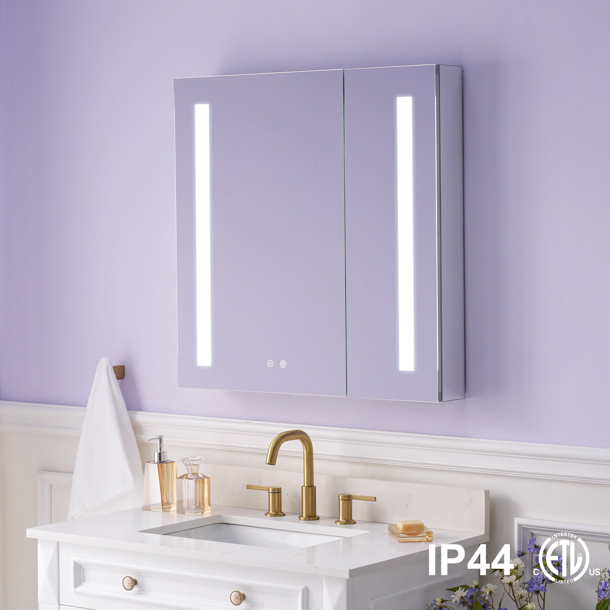 Forclover 30"x30" LED Mirror Medicine Cabinet for Bathroom with Defogger, Dimmer, Lights, Recessed or Surface Mount, Bathroom Cabinet with 3-tier Storage Shelves, Smart Touch, Anodized Aluminum