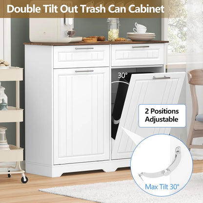 Single 10 Gallon Tilt Out Trash Can Cabinet with Deodorizing Function, Wooden Hidden Garbage Can Holder with Storage Drawers for Kitchen and Dining Room, Laundry Hamper Cabinet for Bathroom, Blue
