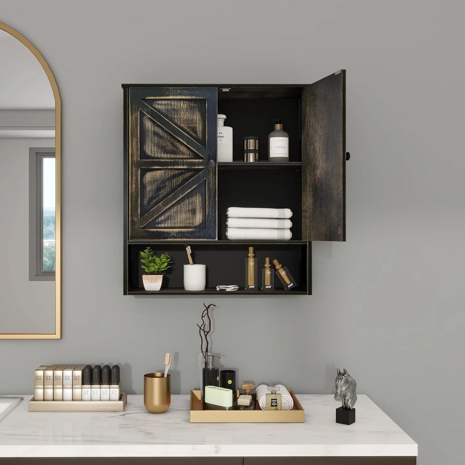 Bathroom Cabinet Wall Mounted with 2 Door Adjustable Shelves Bamboo Bathroom Wall Cabinet Over The Toilet Storage Medicine Cabinets for Kitchen Laundry Room