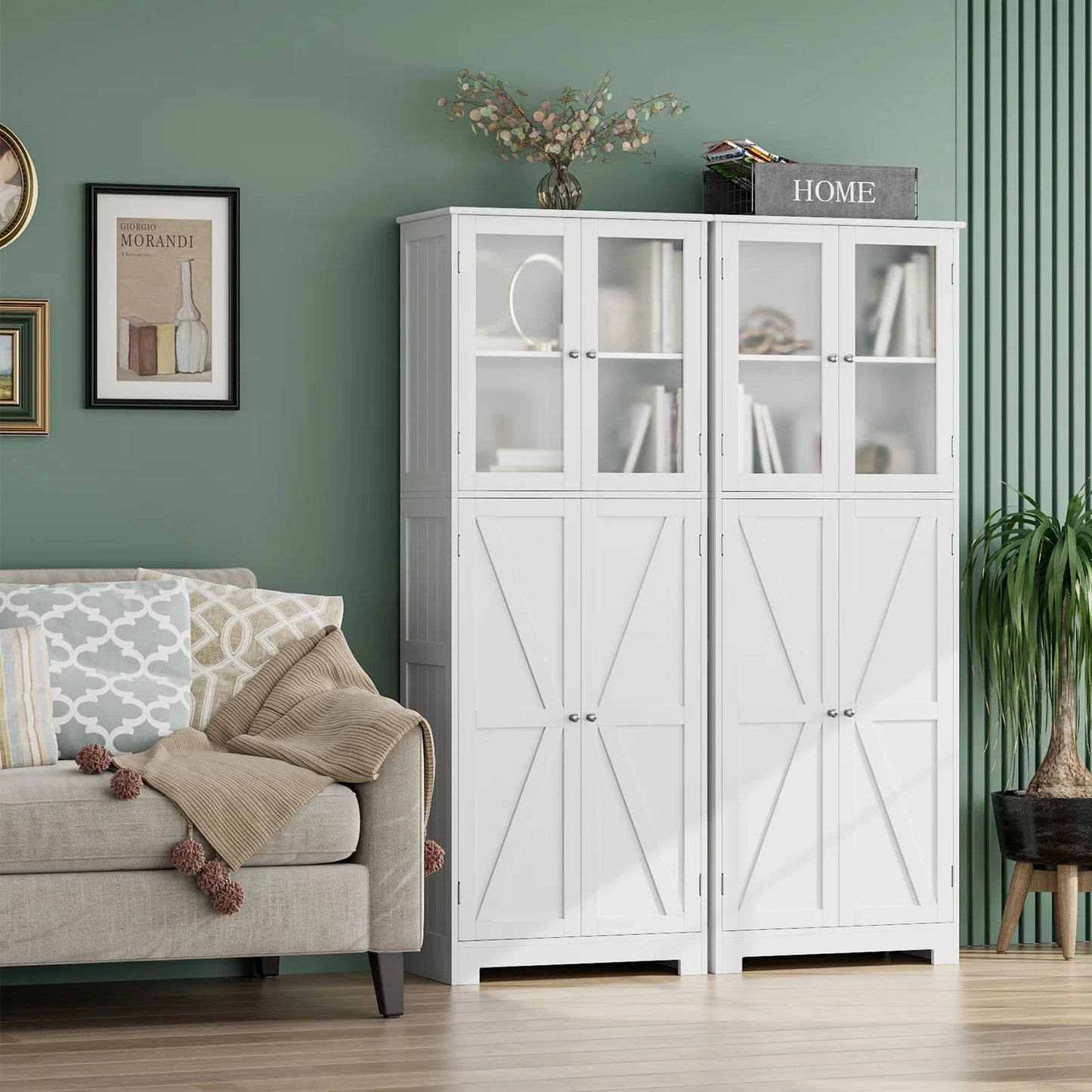 Homfa 67" Tall White Bathroom Storage Cabinet with Glass Doors, Farmhouse Freestanding Cupboard Storage Cabinet for Small Space