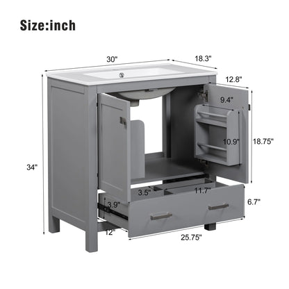 Zolaris Modern Bathroom Vanity with Ceramic Sink, Shelves, Drawers, Wood, Gray