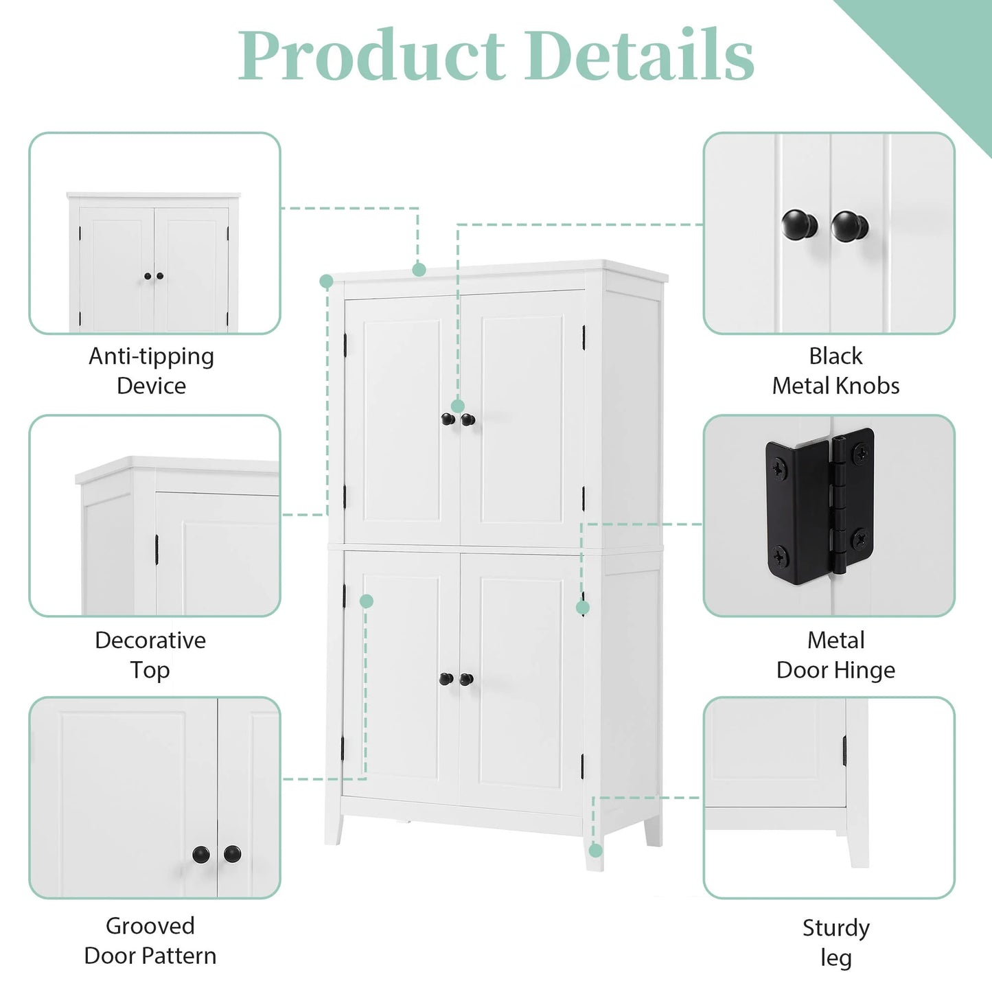 EUROCO Bathroom Floor Storage Cabinet,Bathroom Storage Unit,Freestanding Cabinet with 4 Doors,Adjustable Shelves,Adaptable Shelves,11.8 x 23.6 x 43.3 Inches,White