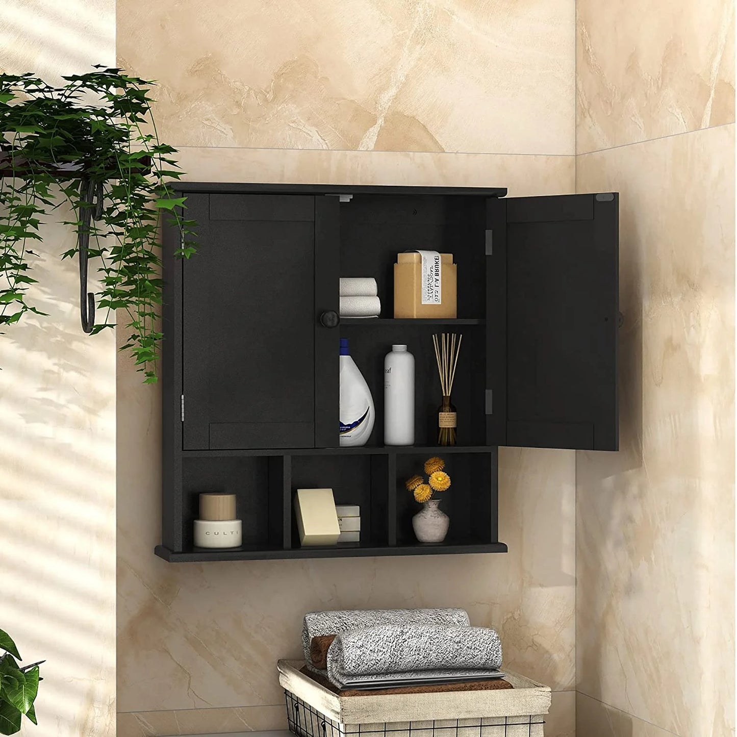 Black Bathroom Cabinet, Wall Mounted 2 Door Storage With Adjustable Shelves, Over The Toilet Medicine Cabinet for Laundry Room Kitchen