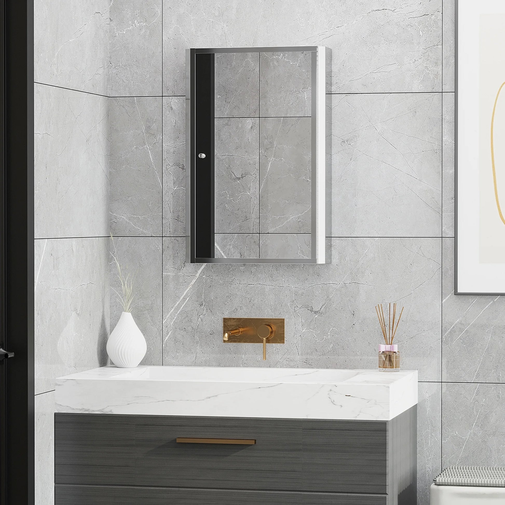 Bathroom Mirrored Cabinet, Vertical 16" x 24" Stainless Steel Frame Medicine Cabinet, Wall-Mounted Storage Organizer with Single Door​