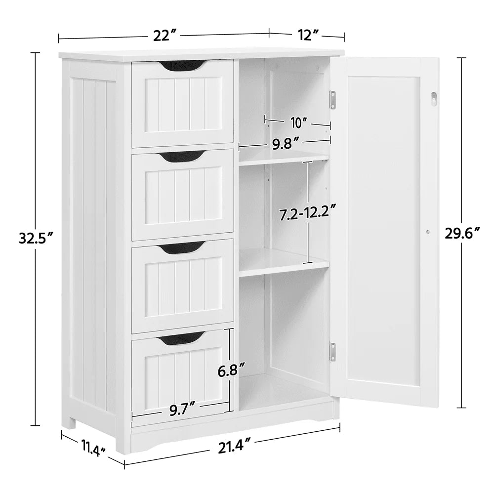 Yaheetech Wooden Cabinet Storage Unit with 4 Drawers & Cupboard for Bathroom, White