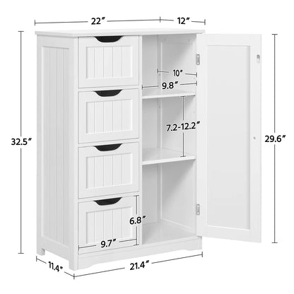 Yaheetech Wooden Cabinet Storage Unit with 4 Drawers & Cupboard for Bathroom, White