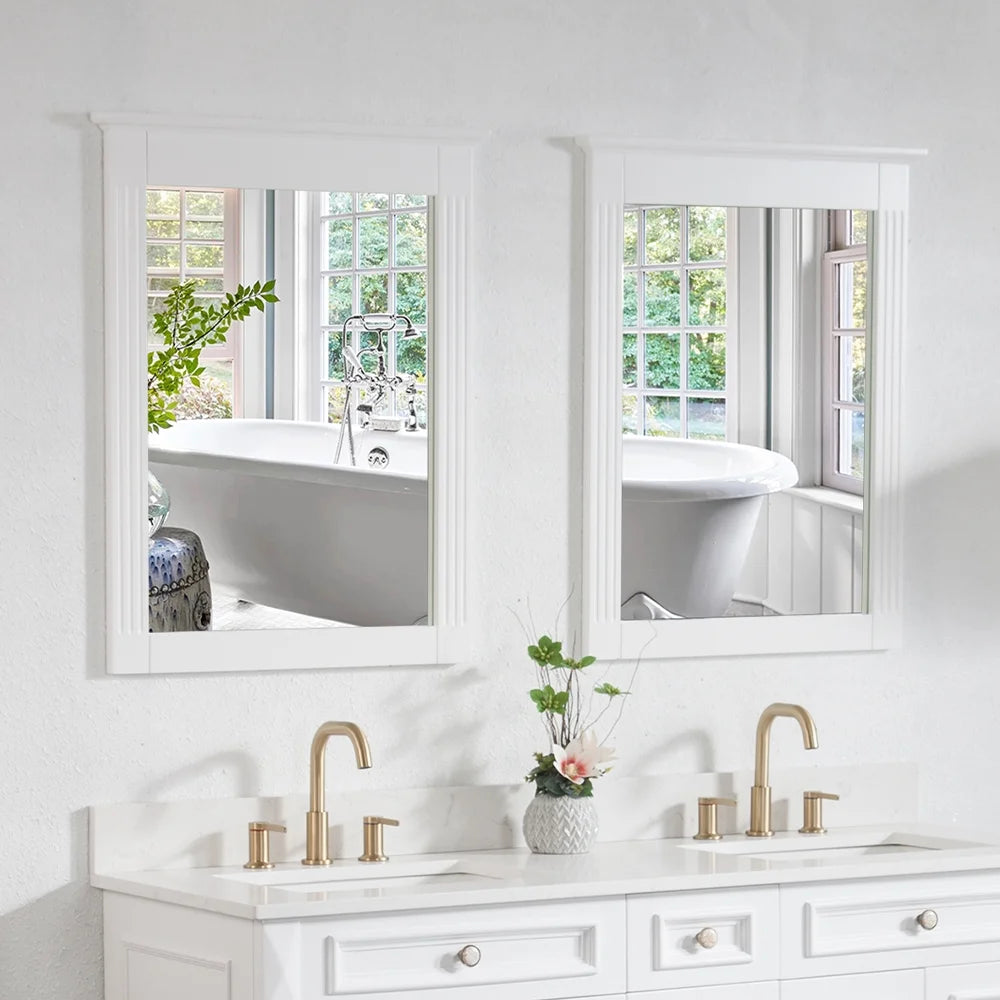 Forclover 33" x 26" 2 PCS Rectangle Wall-Mounted Vanity Mirror, Solid Wooden Framed Makeup Mirror, Bathroom Wall Mirror Apply to Bathroom Living Room Entryway, White
