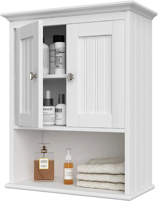 Wood Wall Cabinet, Bathroom Medicine Cabinet Storage with Doors and Adjustable Shelf, Rustic Cabinet Wall Mounted for Bathroom, Livingroom, Kitchen, Cupboard, White