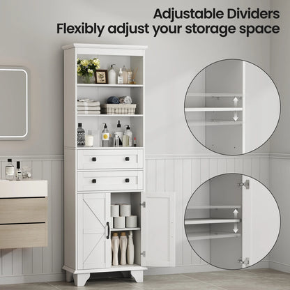 IDEALSOUL Tall Storage Cabinet, 72" Farmhouse Bathroom Storage with 2 Drawers, Adjustable Shelves & Barn Door, Cabinet for Bathroom, Living Room, Kitchen, off-White