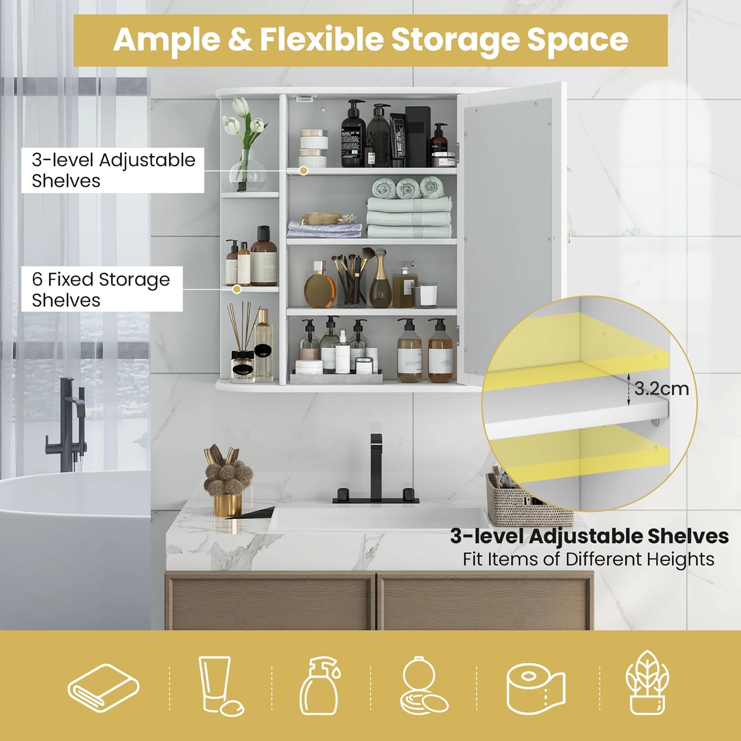 Gymax Bathroom White finish Multipurpose Mount Wall Surface Storage Cabinet Mirror