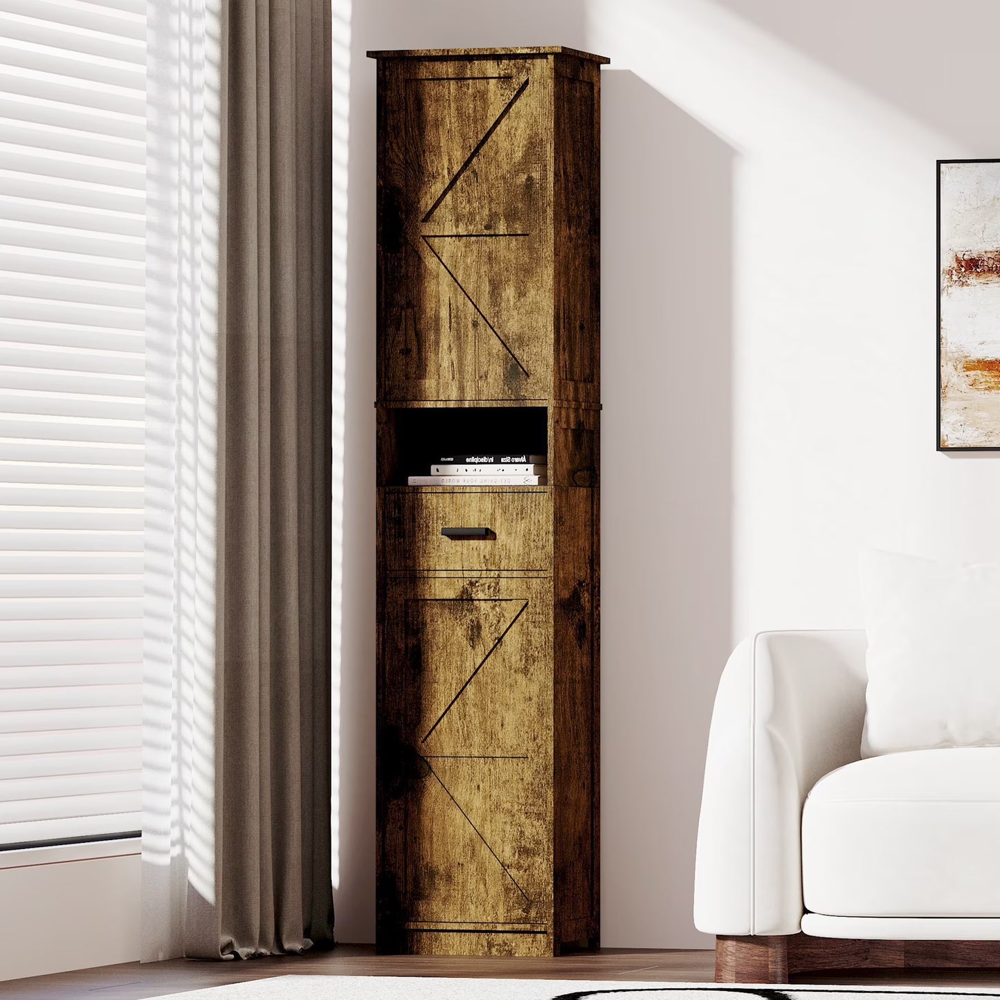 PORKISS Floor Storage Cabinet, Wood Pantry Cabinet with Doors and Drawer, Freestanding Narrow Bathroom Storage Organizer with Adjustable Shelves for Kitchen, Bathroom, Living Room, White