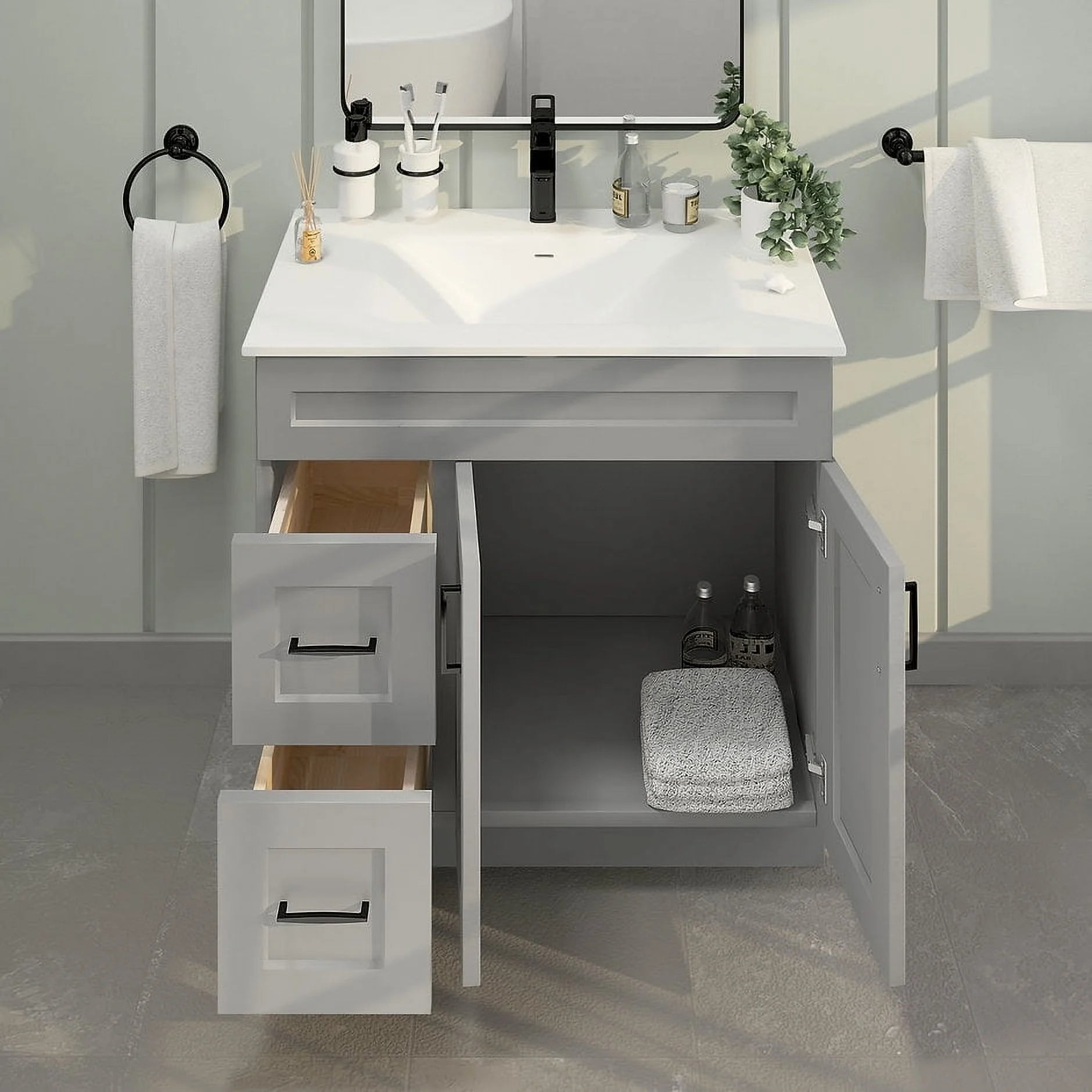 Light Grey Shaker Bathroom Vanity Sink Base with Drawers 36" Ready-to-Assemble Cabinet