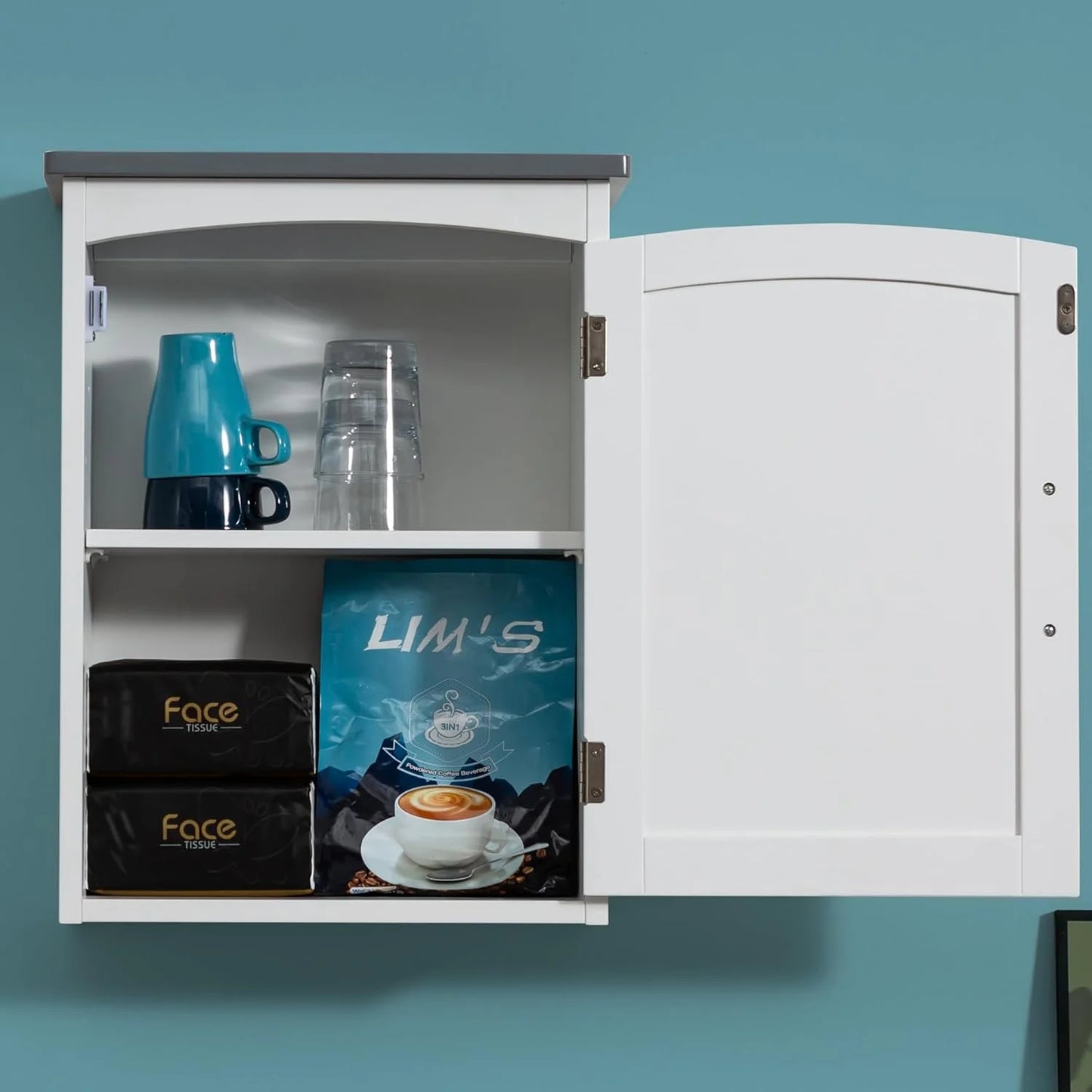 Bathroom Wall Cabinet 15 x 20 Inch Small Wall Cabinets Single Door Over Toilet Medicine Cabinet for Small Bathrooms - Matte White Finish with Gray Top, Soft Close Hinges