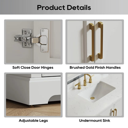 Deluxe Living 48" Bathroom Vanity with Marble Top, Fully-Assembled vanity with Ceramic Sink,Solid Wood Frame,Greige White