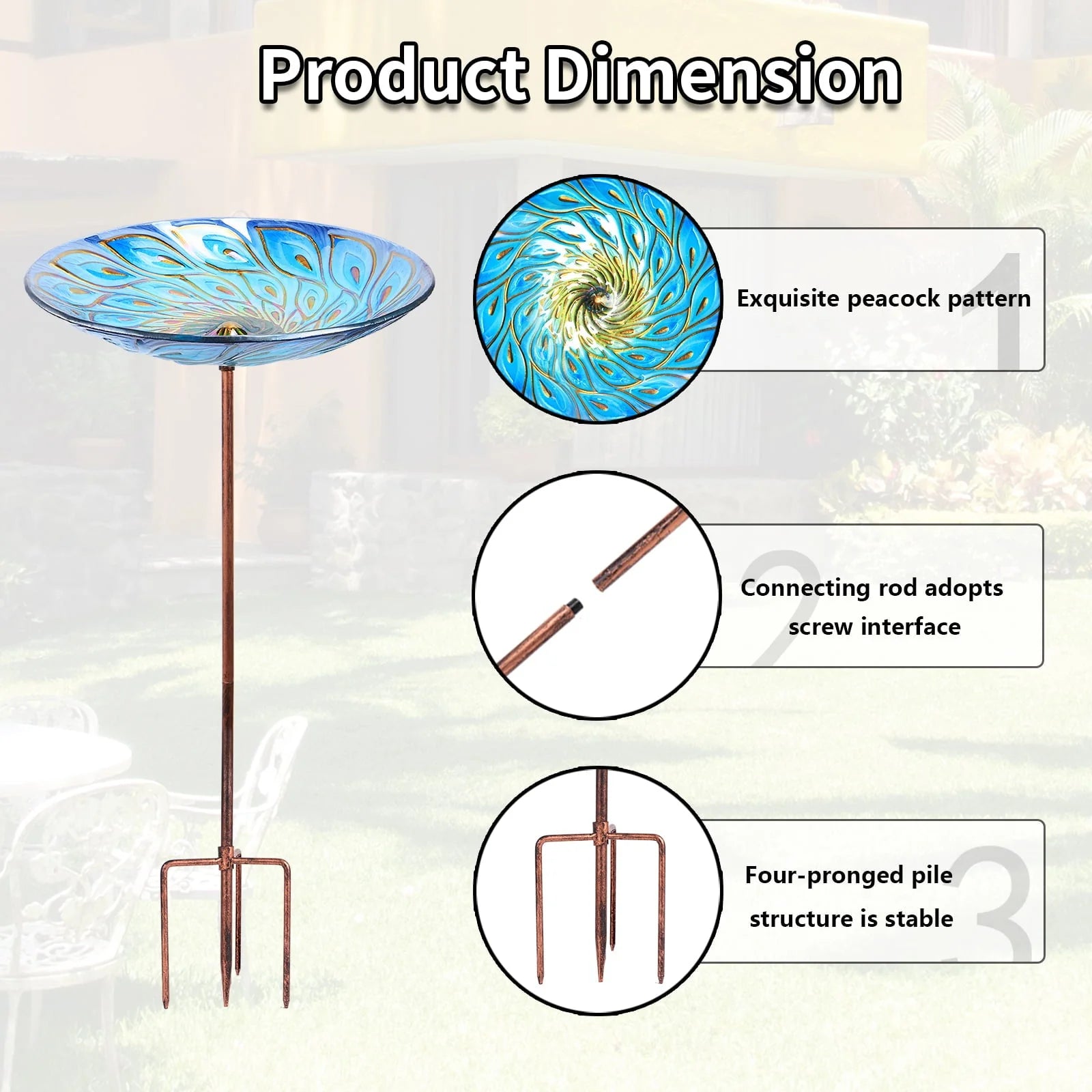 Glass Bird Bath, Garden Outdoor Birdbaths Birdfeeder with Metal Stake Peacock