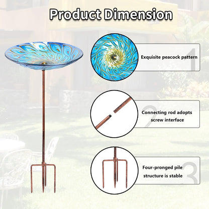 Glass Bird Bath, Garden Outdoor Birdbaths Birdfeeder with Metal Stake Peacock