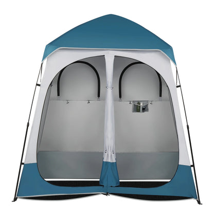2 Rooms Camping Shower Tent, 7.5 FT Outdoor Pop up Changing 2 Room, Instant Extra Wide Privacy Shelter for Camping Dressing Toilet Bathroom with Carry Bag, Blue & White