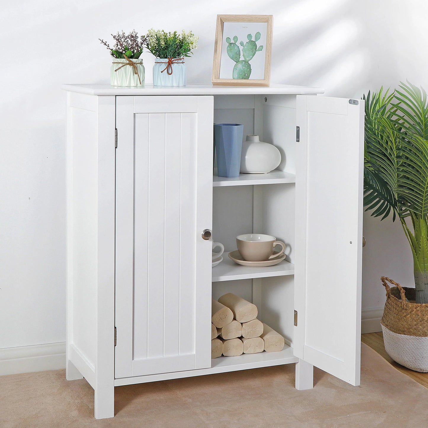 HomGarden 2-Door Bathroom Floor Storage Cabinet Side Cupboard W/ Adjustable Shelves, 11.8'' W, White
