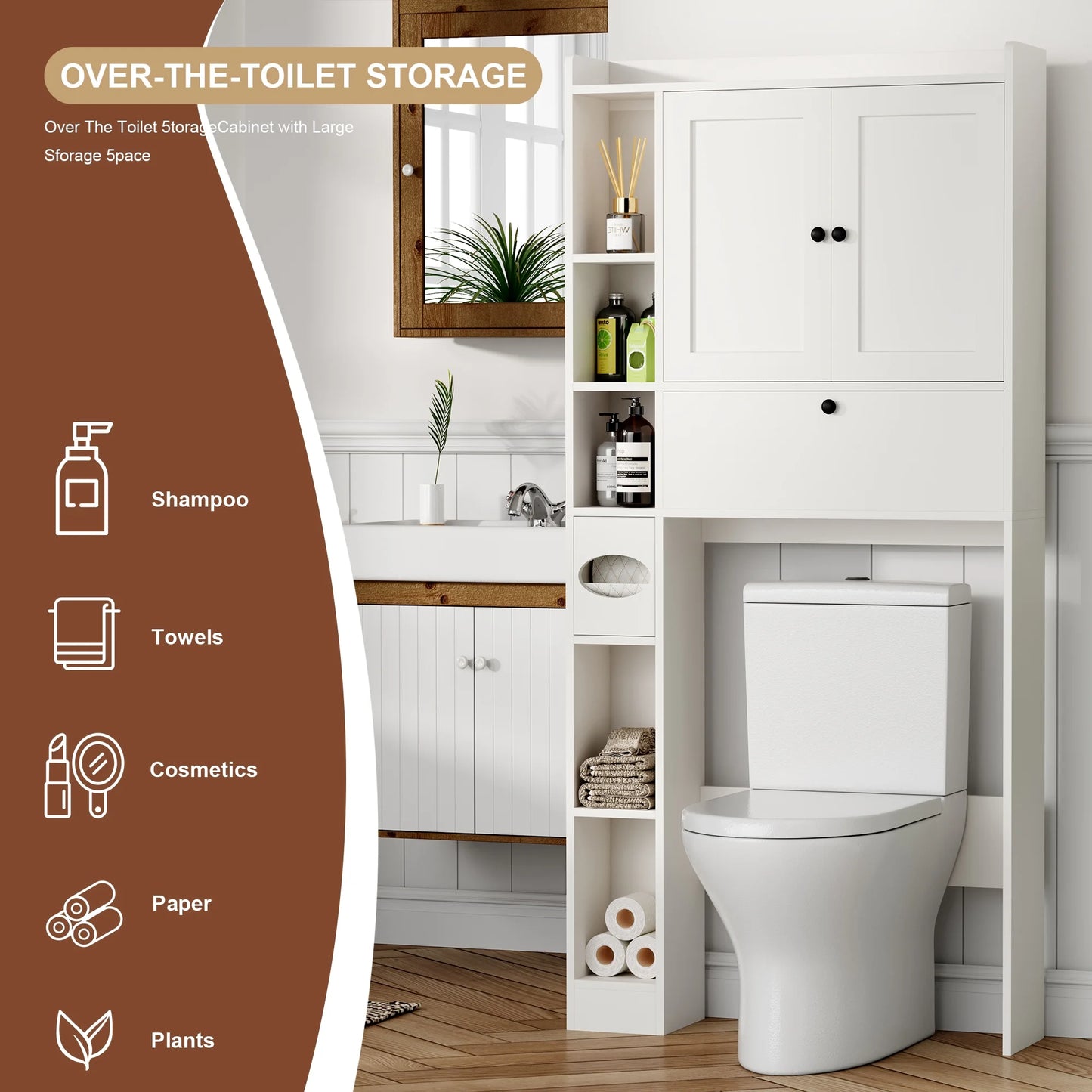 Apeaka Over The Toilet Storage Cabinet,Bathroom Storage Cabinet with Wooden Doors,Bathroom Organizer Over-The-Toilet Cabinet(White)