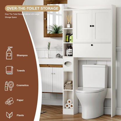 Apeaka Over The Toilet Storage Cabinet,Bathroom Storage Cabinet with Wooden Doors,Bathroom Organizer Over-The-Toilet Cabinet(White)